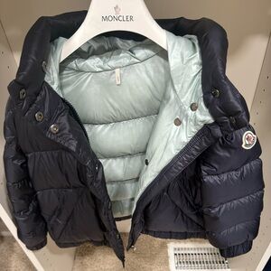 Moncler Jacket for girls. Size is 6Y and color is navy.